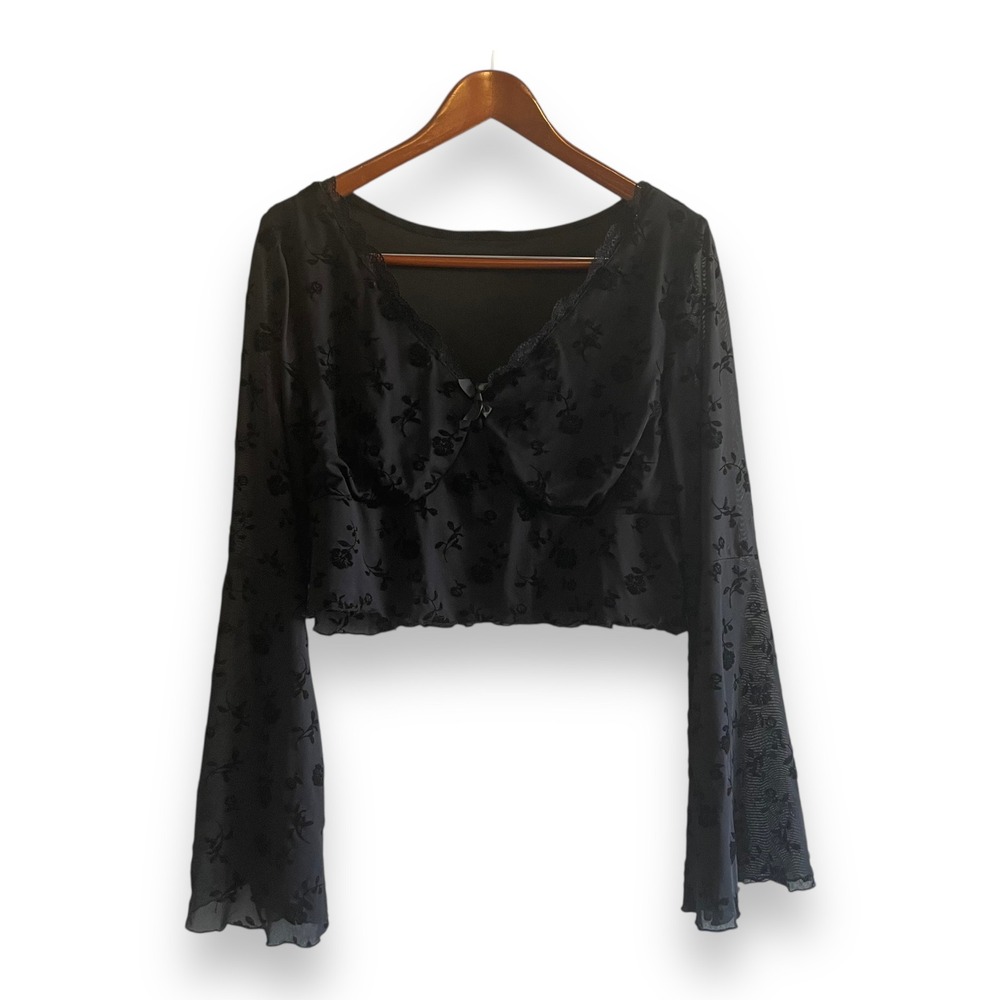 Black Velvet Floral Burnout Mesh Crop Top Bell Sleeve Lace Trim V-Neck Goth XL